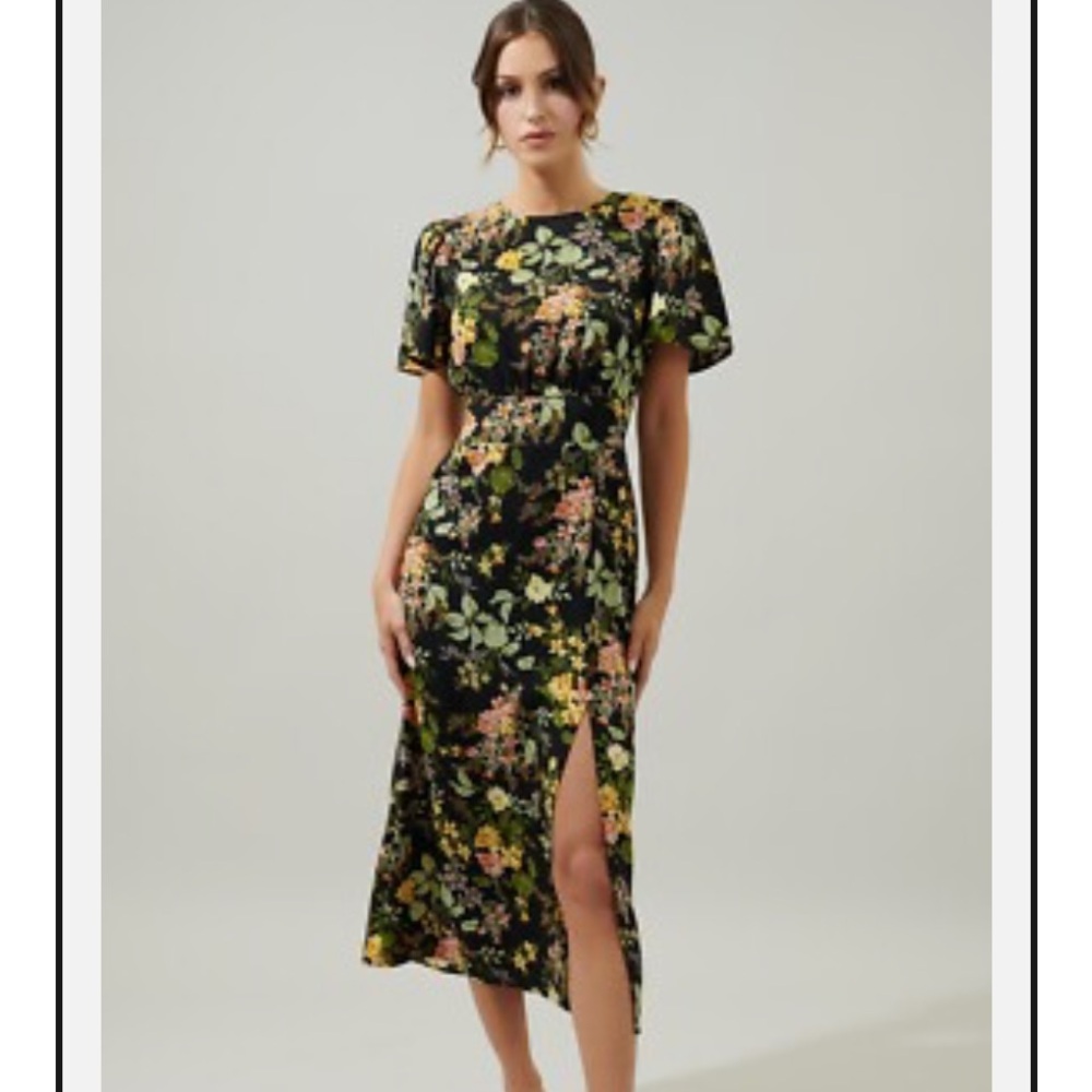 SUGAR LIPS Floral Black NIGHT BLOOM MIDI SLIT Dress SIZE L